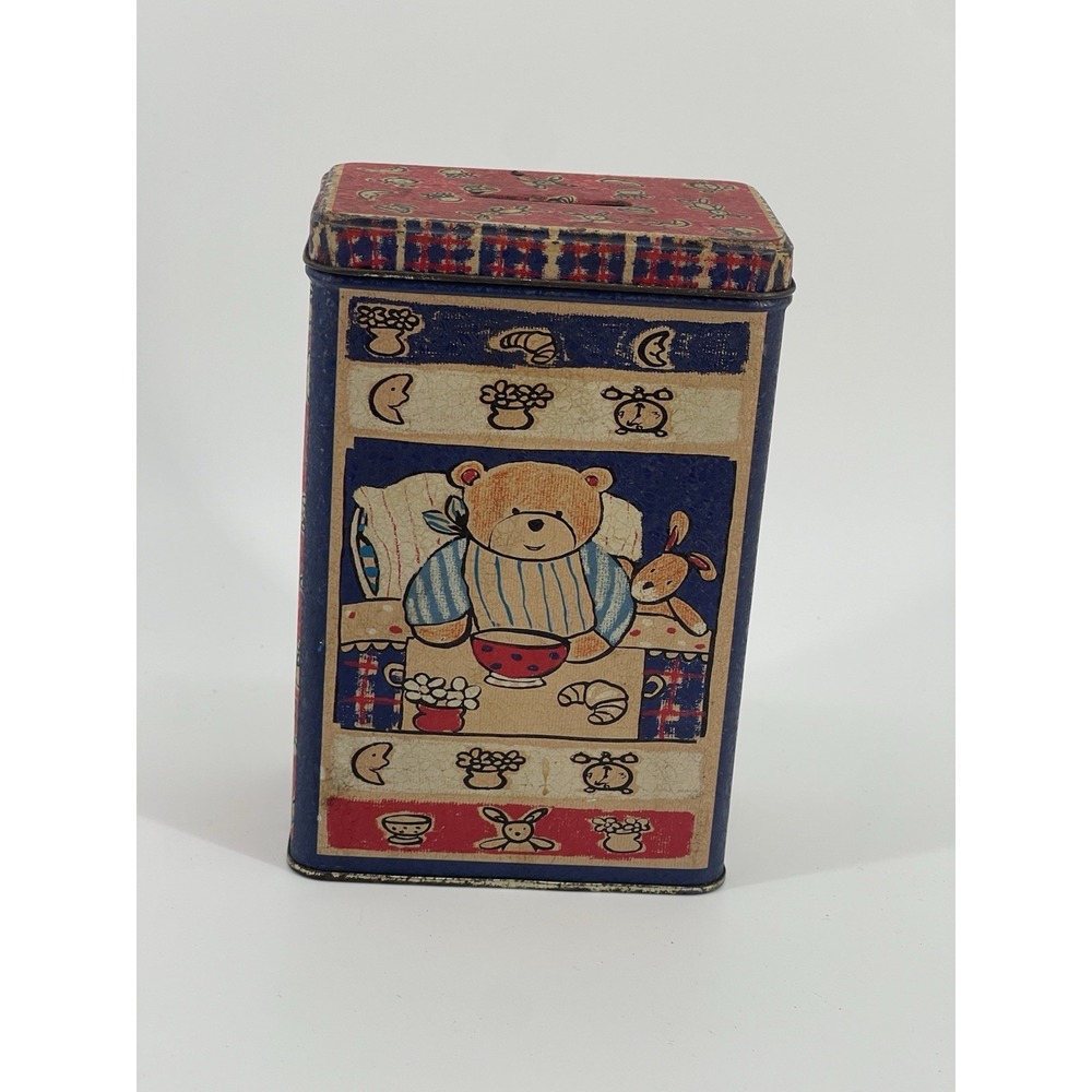 Vintage Teddy Bear Tin Coin Bank Metal Nursery Box Kids Retro Container